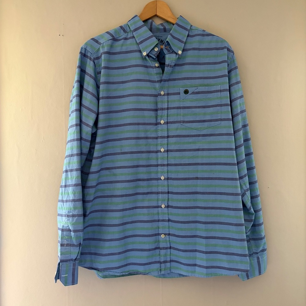 Barbour Mens Larry Laundered Stripe Button Down Shirt Size L Blue Everyday